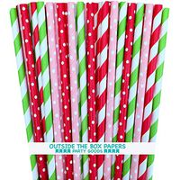 Outside the Box Papers Strawberry Shortcake Theme Polka Dot and Striped Paper Straws 7.75 Inches 100 Pack Red, Pink, Lime Green, White