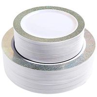 NERVURE 102 Premium Heavyweight Disposable Plastic Plates-Wedding and Party Dinnerware 51PCS 10.25 inch Dinner Plates And 51PCS 7.5 inch Dessert/Salad Plates Silver Rim Pearl - Value Pack 102 Count
