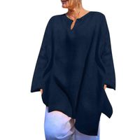 general3 Women Casual Solid Long Sleeve V-Neck Sunscreen Shirt Tops Linen Loose Tunic Blouse(Navy,Medium)