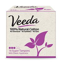 Veeda 100% Natural Cotton Compact BPA-Free Applicator Tampons Chlorine, Toxin and Pesticide Free, Super, 16 Count