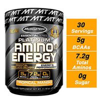 MuscleTech Essential Series Platinum Amino Plus Energy BCAA Powder, Tropical Mango, 11.19 Ounce, 30 Serving