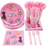 Disposable Dinnerware Set - Serves 24 - Cat Party Supplies for Kids Birthdays, Includes Plastic Knives, Spoons, Forks, Paper Plates, Napkins, Cups