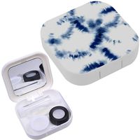 Portable Contact Lens Case Box Travel Kit Mirror + Bottle + Tweezers Container Holder [ Indigo Blue Tie Dye Shibori ]