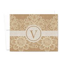 Burlap and Lace Monogram Folded Personalized Note Cards, Thank You Cards, Rustic Country Chic, Includes Envelopes (A2-4.25" x 5.5") (40)