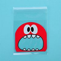 100Pcs Cute Self Adhesive Plastic Cookie Bag Candy Biscuit Cookie Bakery Roasting Treat Gift Bags Kids Food Storage Bag Cellophane Bags for Home Wedding Party Bakery Festival (#Red Big Mouth)