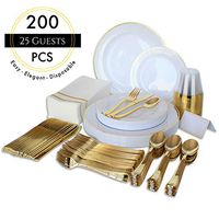 200 Piece Gold Dinnerware Set for 25 Guests, Disposable Gold Plastic Plates, 25 Linen-Feel Napkins, Forks, Knives, Spoons, Place Cards, Dinner Plates, Desert Plates, 9oz Cups for Weddings & Parties