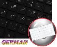 German Keyboard Decals ON Transparent Background with Blue, Orange, RED, White OR Yellow Lettering (14X14) (White)