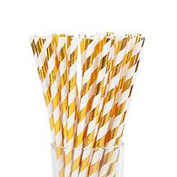 Gold Paper Straws, Biodegradable Disposable Party Drinking Straws for Party Supplies Birthday Wedding Baby Shower, Pack of 100 (Gold Stripe)
