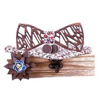 Meidexian888 Classic Handmade Mens Customized Solid Wood Bow Tie Creative Wedding Wooden Hollow Carved with Box Set (D)