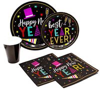 Bright New Year Pack! Disposable Paper Plates, Napkins and Cups Set for 15 (With free extras) - Includes dessert plates, dinner plates, napkins and cups