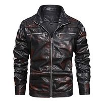 Alvinm Men's Jacket Vintage Zipper Stand Collar Solid Imitation Leather Coat Black