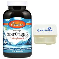 Carlson Super Omega 3 Gems, Norwegian Fish Oil Supplement 1200mg Omega 3s, 250 Soft Gels Bundle with a Lumintrail Pill Case