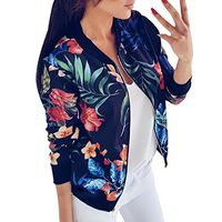 Women Ladies Floral Print Stand Collar Zipper Jacket Outwear (S, Blue)