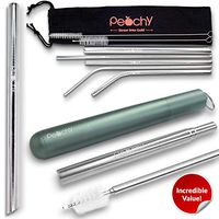 Peachy Reusable Collapsible Stainless Steel Straw Metal Telescopic Drinking Straw, Premium 6 Pack Full Variety Portable Straws, Ultra Long, Extra Wide, with Case, and Cleaning Brushes (Charcoal)