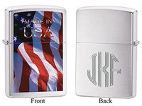 Personalized Zippo Made in USA Flag Brushed Chrome Lighter with Free Monogram