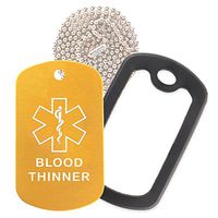 Blood Thinner Medical Alert ID Necklace with Gold Tag, Black Silencer, and 30'' USA Chain - 154 Color Choices