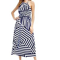 Howstar Womens Halter Open Shoulder Striped Sleeveless Long Evening Party Maxi Dress (S, Blue)