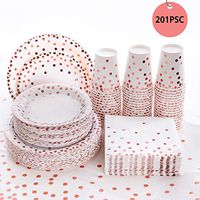 201Pcs Rose Gold Dot Disposable Party Supplies, Paper Plates, Napkins Cups, 1 Plastic Tablecloth, 50 Dinner Plates, 50 Dessert Plates, 50 9 oz Paper Cups, 50 Luncheon Napkins, for Baby Shower Wedding