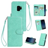 Galaxy S9 Plus Wallet Case for Women/Men, Lrufodya 9 Card Holder Folio Flip Leather Case with Cash Pocket & Wrist Strap Full Body Protective Magnet Purse for Samsung Galaxy S9 Plus (Mint)
