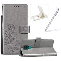 Grey Leather Case for Huawei Mate 30 Lite,Strap Wallet Flip Cover for Huawei Mate 30 Lite,Herzzer Classic Pretty Four Leaf Clover Print Magnetic Card Slots Stand Folio Case with Soft TPU