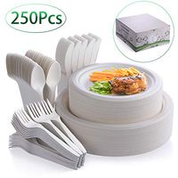 Fuyit 250Pcs Disposable Dinnerware Set, Compostable Sugarcane Cutlery Eco Friendly Tableware Includes 50 Biodegradable Paper Plates, Forks, Knives and Spoons for Party, Camping, Picnic, BBQ (White)