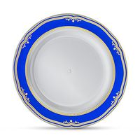 [60 Count - 9" Plates] Laura Stein Designer Tableware Premium Heavyweight Plastic White Lunch Plate With Blue & Gold Border Plastic Party & Wedding Plate Cobalt Blue Series Disposable Dishes