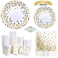 Ideal Parties Gold Dot Disposable Paper Plates Napkins and Cups! Foil Design 50 Dinner Dessert Plates 50 Napkins and 50 Cups! for Bridal Baby Shower Wedding Anniversary Engagement Birthday Party!