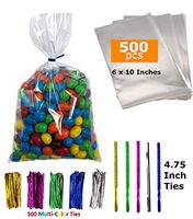 500 Cellophane Bags 10 x 6 Inches - Cello Bags - Cellophane Gift Bags - Large Clear Cellophane Bags - Cellophane Bags for Cookies - Cellophane Treat Bags - Large Clear Gift Bags with 500 Color Ties