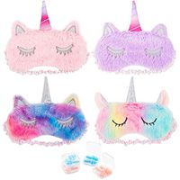 Whaline 4 Pieces Unicorn Sleeping Mask Eye Cover with 4 Pairs Ear Plugs, Ice Cream Color Soft Plush Blindfold Cute Horn Eyeshade for Women Kids Girls Home Travel Sleeping