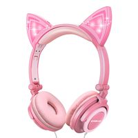 LOBKIN Foldable Wired Over Ear Kids Headphone with Glowing Light for Girls Children Cosplay Fans,Cat Ear Headphones (Peach)