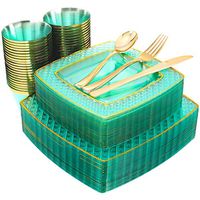 Nervure 150PCS Mint with Gold Sqaure Plastic Plates & Gold Silverware Set：25 Dinner Plates 9.5", 25 Dessert Plates 7.6", 25 Cups 9 Oz, 25 Forks, 25 Knives, 25 Spoons.