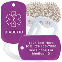 Custom 2 Pack - Diabetic Medical Alert ID Necklaces with Purple Custom Tags, White Silencers, and 30'' USA Chains