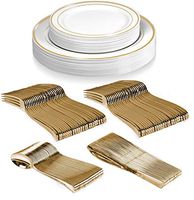 25 Guest Disposable Gold Party Dinnerware Set | Heavy Duty Plastic Plates & Silverware | Wedding Tableware set includes 50 Forks, 25 Spoons, 25 Knives, 25 Dinner Plates, 25 Dessert Plates (150 pieces)
