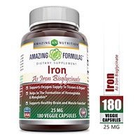 Amazing Formulas Iron as Iron Bisglycinate 25 Mg Veggie Capsules (Non-Gmo,Gluten Free)-Supports Oxygen Supply to Tissues & Organs-Helps in The Formation of Hemoglobin & Myoglobin.(180 Veggie Capsules)