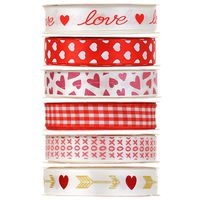 Valentine Heart Ribbon Bundle of 6, 3 Yard Spools (5/8 inches wide)