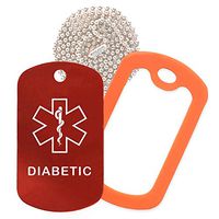 Diabetic Medical Alert ID Necklace with Red Tag, Orange Silencer, and 30'' USA Chain - 154 Color Choices