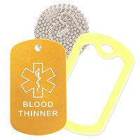 Blood Thinner Medical Alert ID Necklace with Gold Tag, Yellow Silencer, and 30'' USA Chain - 154 Color Choices