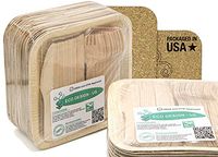 Party Pack of 150 Eco-Friendly Dinnerware - 50 Disposable 8" Square Palm Leaf Plates, 50 Wood Forks, 50 Wood Knives