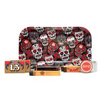 Job 1.5 Gold Rolling Paper (2 Pack), RAW Tips (2 Pack), 79mm Adjustable Roller, Rolling Paper Depot 42mm 4pc Grinder, Kewl Tube, Rolling Paper Depot Rolling Tray (Skulls) – 8 Items – Bundle