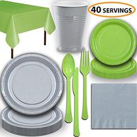 Disposable Party Supplies, Serves 40 - Silver and Lime Green - Large and Small Paper Plates, 12 oz Plastic Cups, Heavyweight Cutlery, Napkins, and Tablecloths. Full Two-Tone Tableware Set