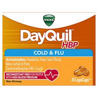 Vicks DayQuil Cold and Flu Medicine for High Blood Pressure, Relieves Headache, Fever, Sore Throat, Minor Aches and Pains, 24 LiquiCaps