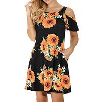 iLUGU Cold Shoulder Sundress for Women Casual Summer Beach Party Short Sleeve Sunflower Print A Line Dress