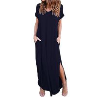 RUIVE Women's Dresses Pockets Casual Loose Summer Beachwear Short Sleeves Solid Color Pleated Tunic Midi Dress Dark Blue