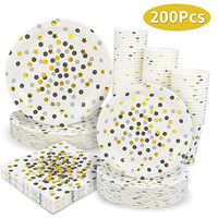 Black and Gold Dot Party Supplies - 200PCS Disposable Black Paper Plates Dinnerware Confetti Dots Gold Star 50 Dinner Plates 50 Dessert Plates 50 9oz Cups 50 Napkins Wedding Birthday Party Baby Shower