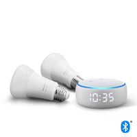 Echo Dot (3rd Gen) with Clock Sandstone Bundle with Philips Hue White 2-pack A19 Smart Bulbs, Bluetooth & Zigbee compatible (No Hub Required)