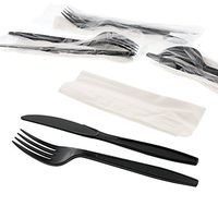 AmerCare Three Piece Meal Kit with 13 x 17 Napkin, and Black Heavy Weight Fork and Knife, Case of 500