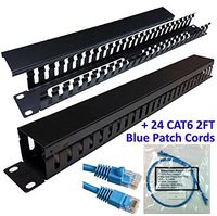 25 Slot Cable Manager 1U Server Rack Wire Management System (Small Slots) + 24 Booted CAT6 Cert. Patch Cords 2FT Blue | Cable Manager Kit