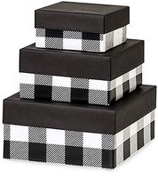 Made in USA Recycled Paper Kraft Boxes – 3.25”, 4.25” & 5.25” – Nested Squared Boxes with Lids (Small Set of 3 - Black Buffalo Plaid)