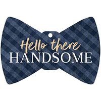 P. Graham Dunn Hello There Handsome Bow Tie Blue Plaid 3 x 2 Wood Hanging Gift Wrap Tag Charms Set of 5