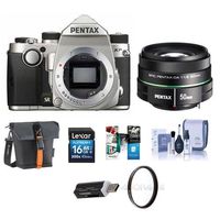 Pentax KP 24MP TTL Autofocus DSLR Camera Silver SMCP-DA 50mm f/1.8 Standard Lens - Bundle with 16GB SDHC Card, Holster Bag, Cleaning Kit, 52mm UV Filter, Card Reader, Software Package